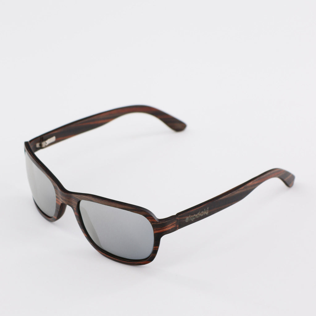 wooden sunglasses bug eye style striped ebony wood silver mirror lenses side view eKodoKi FLY