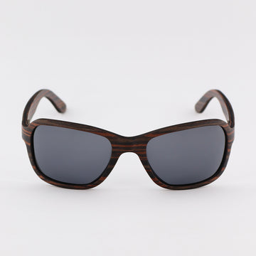 wooden sunglasses bug eye style striped ebony wood smoke lenses front view eKodoKi FLY