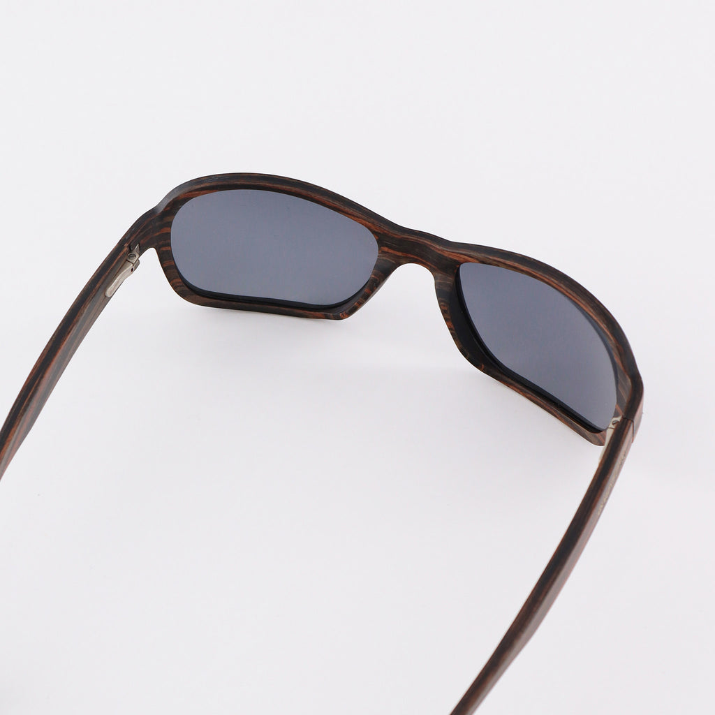 wooden sunglasses bug eye style striped ebony wood smoke lenses inside view eKodoKi FLY