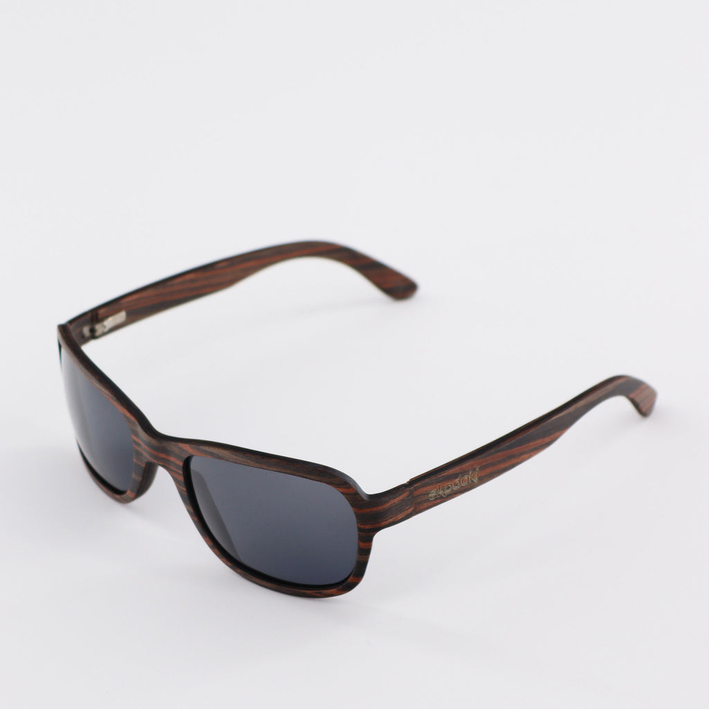 wooden sunglasses bug eye style striped ebony wood smoke lenses side view eKodoKi FLY