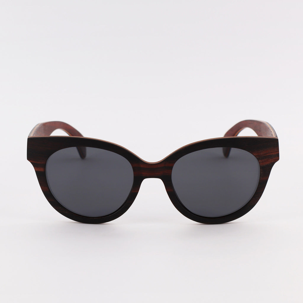 wooden sunglasses cat eye style ebony wood smoke lenses front view eKodoKi FELINA