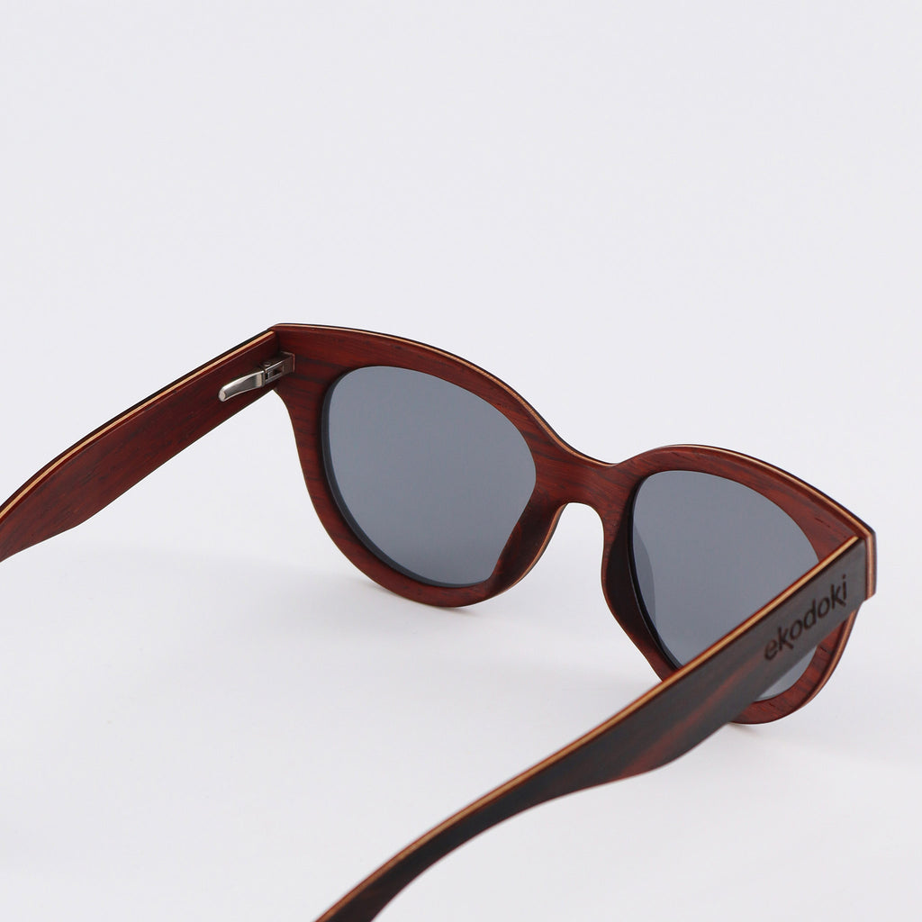 wooden sunglasses cat eye style ebony wood smoke lenses inside view eKodoKi FELINA