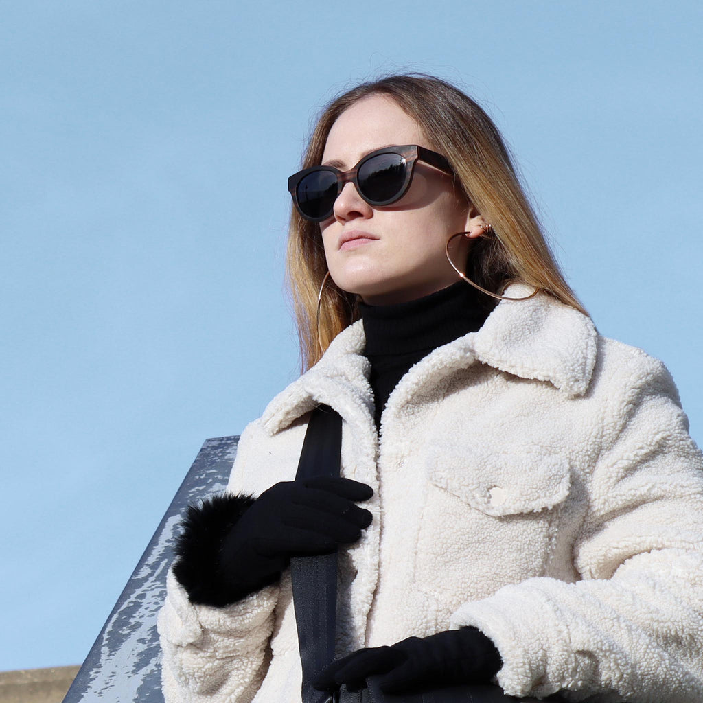 wooden sunglasses cat eye style ebony wood smoke lenses on female fashion model left side view eKodoKi FELINA