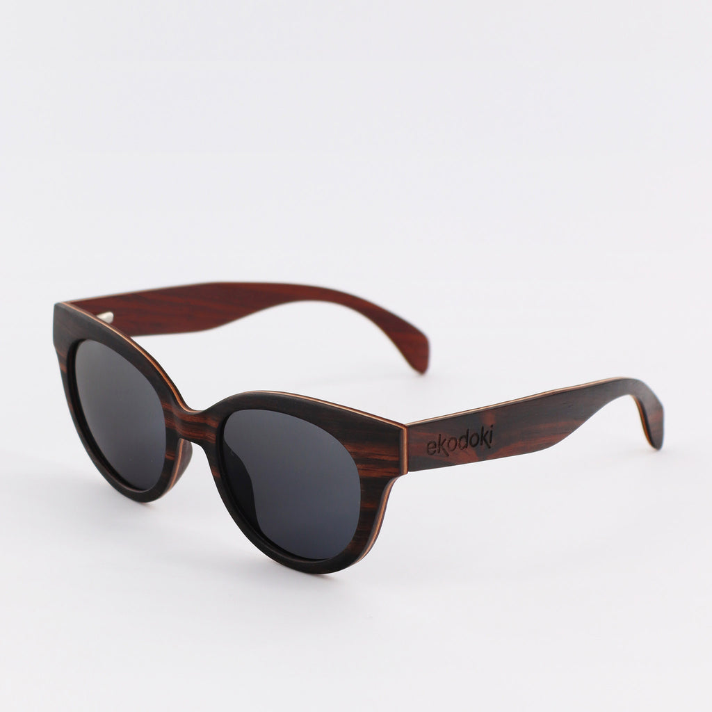 wooden sunglasses cat eye style ebony wood smoke lenses side view eKodoKi FELINA