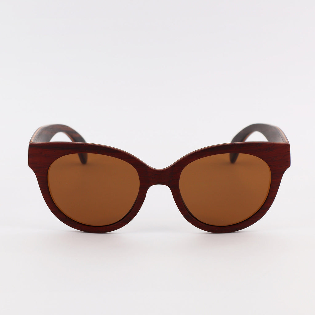 wooden sunglasses cat eye style redwood wood brown lenses front view eKodoKi FELINA