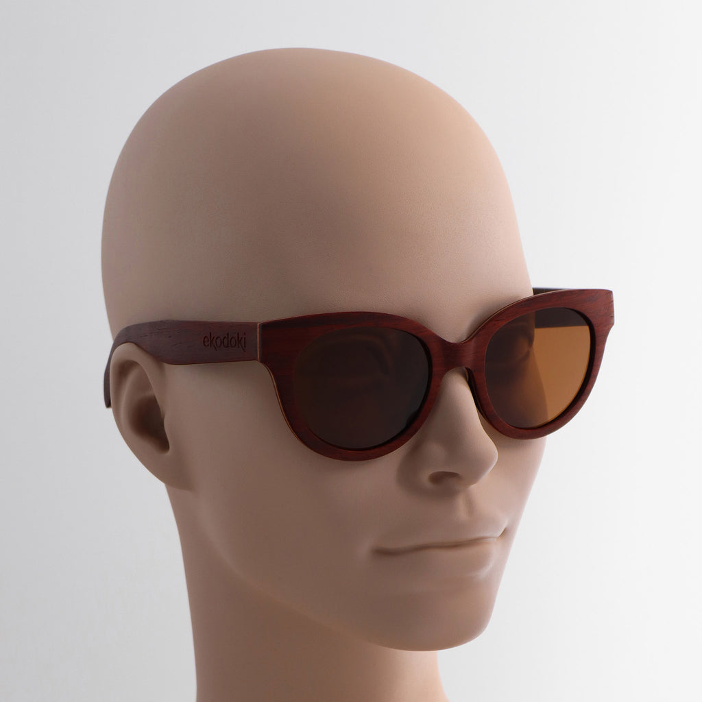 wooden sunglasses cat eye style redwood wood brown lenses on tan female mannequin head eKodoKi FELINA