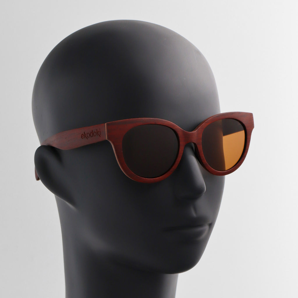 wooden sunglasses cat eye style redwood wood brown lenses on black male mannequin head eKodoKi FELINA