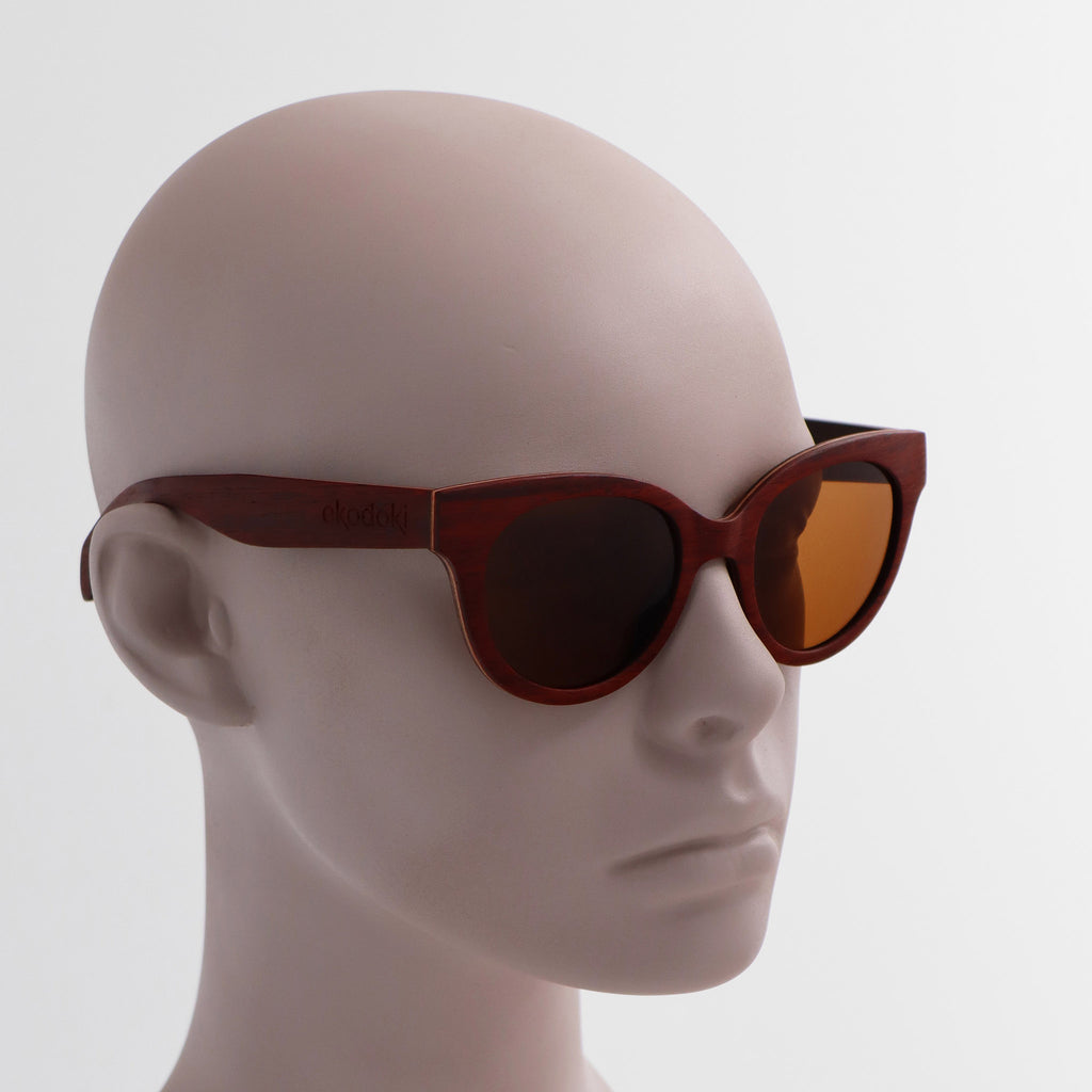 wooden sunglasses cat eye style redwood wood brown lenses on white male mannequin head eKodoKi FELINA