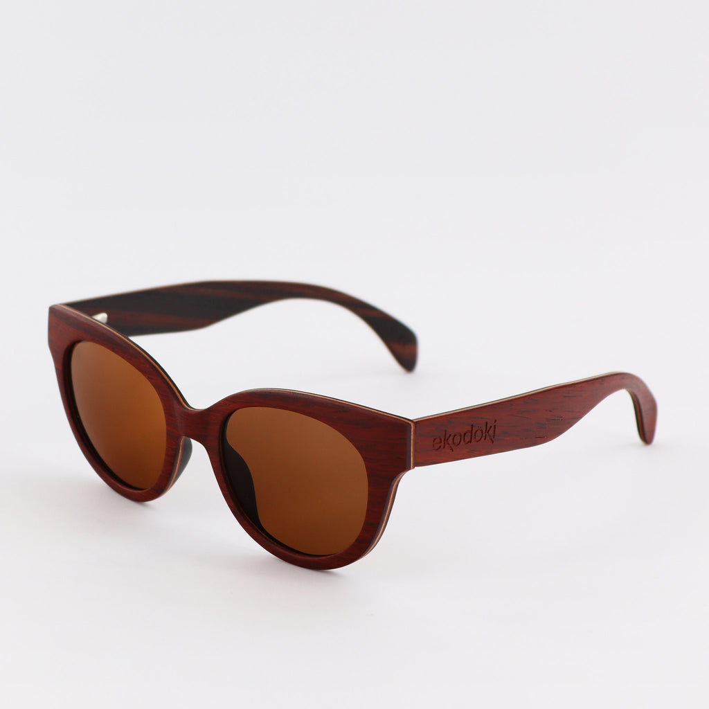 wooden sunglasses cat eye style redwood wood brown lenses side view eKodoKi FELINA