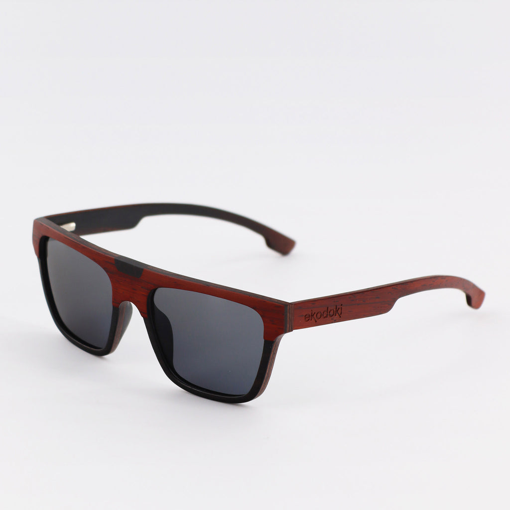 wooden sunglasses flat top style redwood and ebony wood smoke lenses side view eKodoKi WOODY