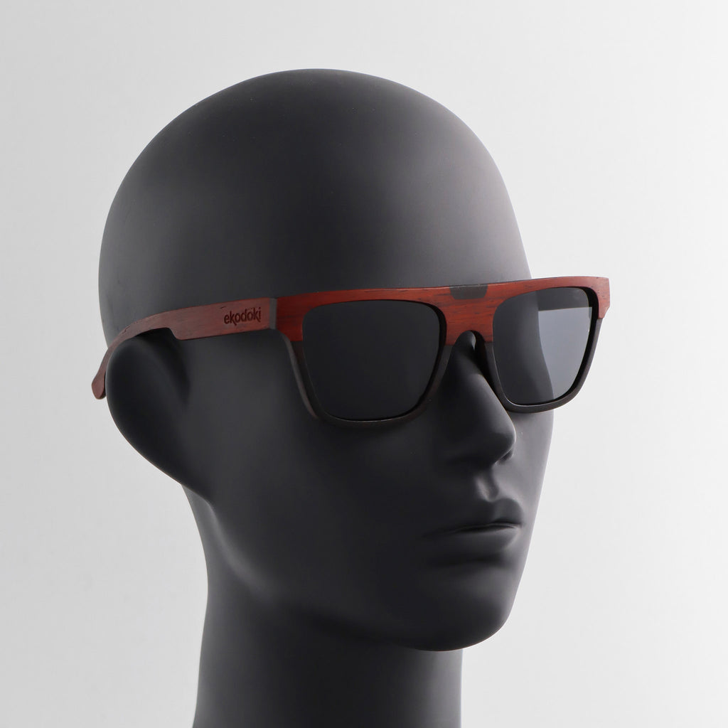 wooden sunglasses flat top style redwood and ebony wood smoke lenses on black female mannequin head eKodoKi WOODY