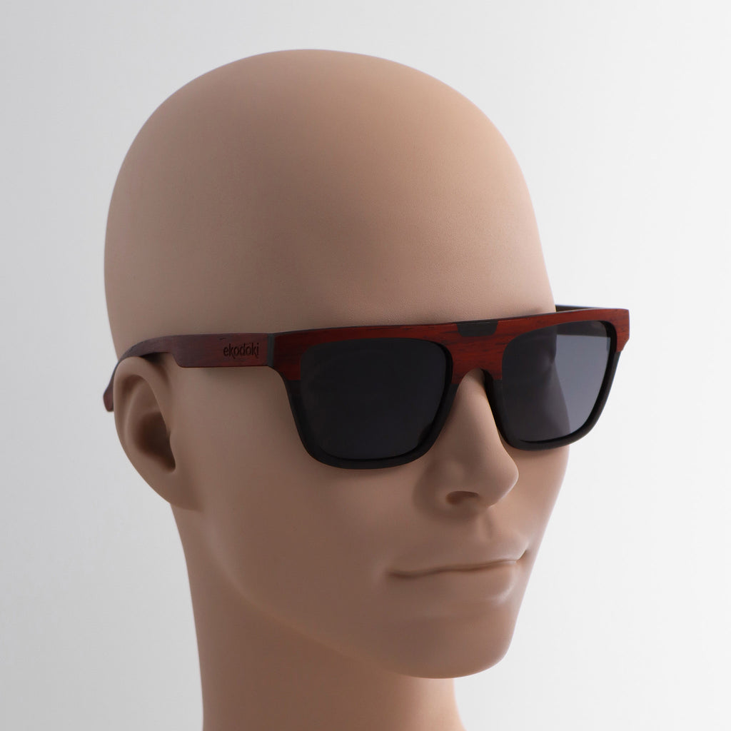 wooden sunglasses flat top style redwood and ebony wood smoke lenses on tan female mannequin head eKodoKi WOODY