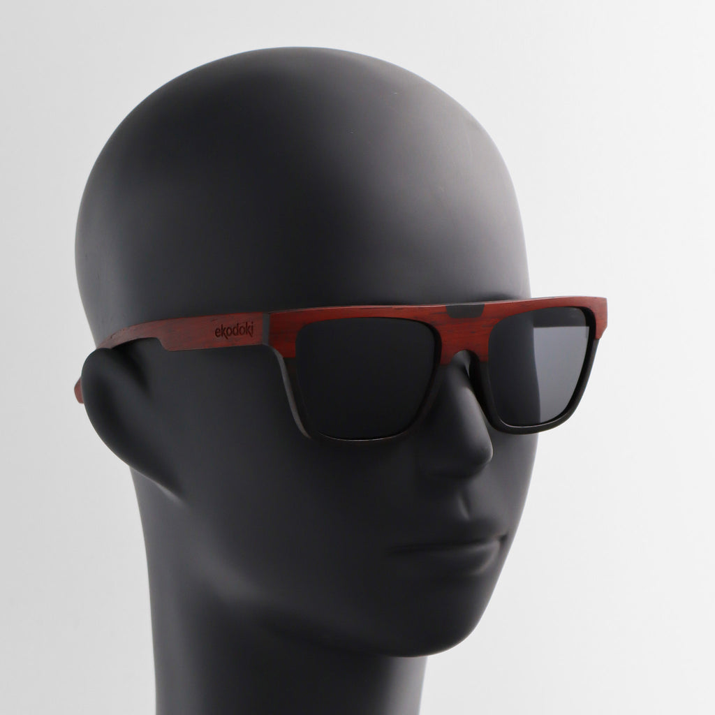 wooden sunglasses flat top style redwood and ebony wood smoke lenses on black male mannequin head eKodoKi WOODY