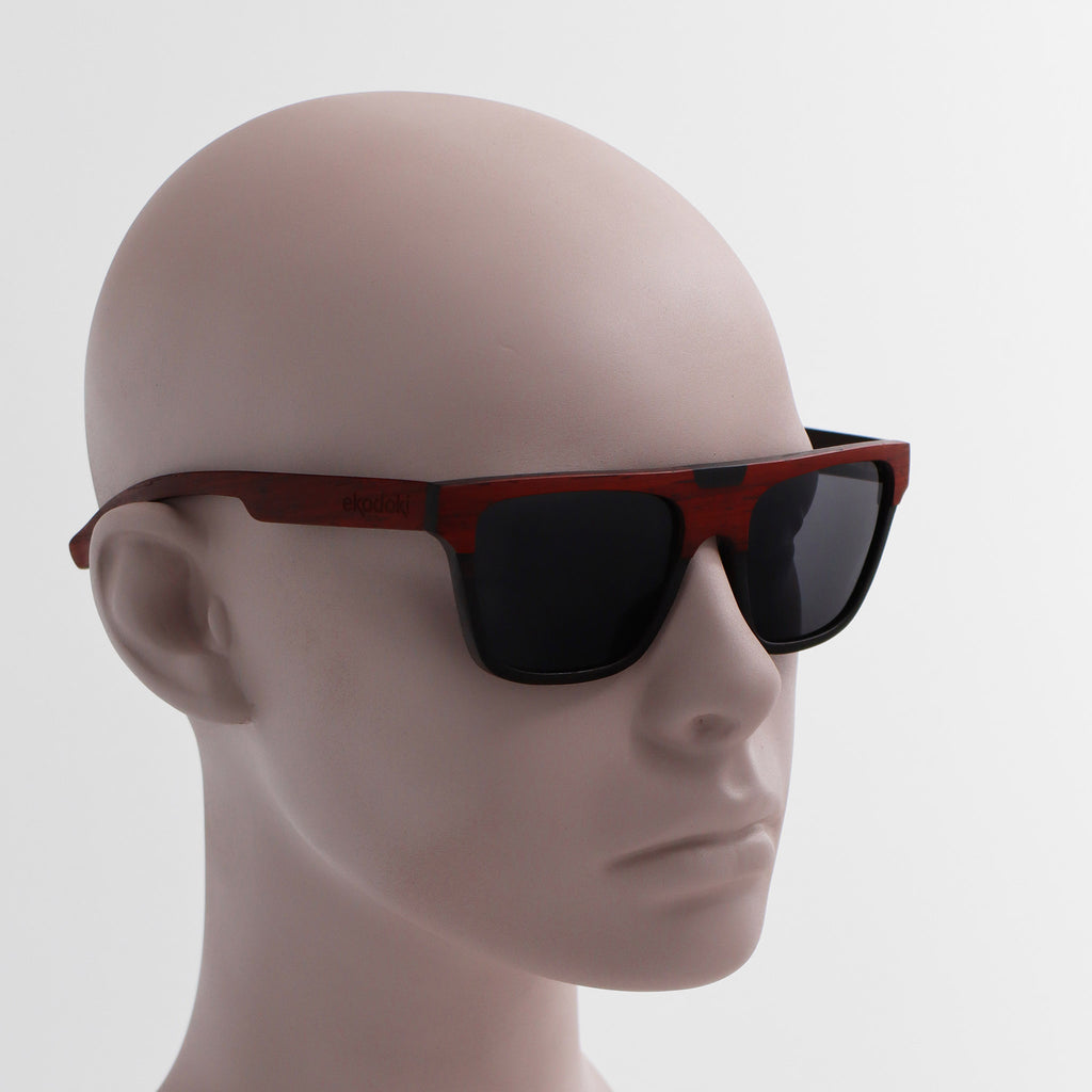 wooden sunglasses flat top style redwood and ebony wood smoke lenses on white male mannequin head eKodoKi WOODY