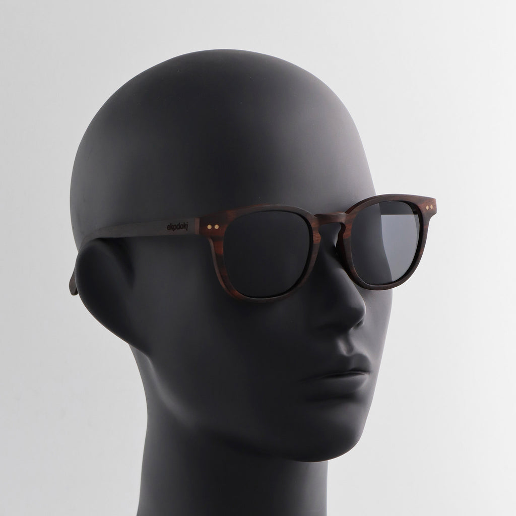 wooden sunglasses pantos style ebony wood smoke lenses on black female mannequin head eKodoKi COSMO