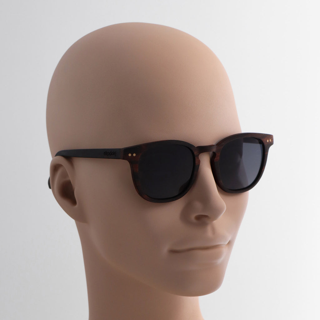 wooden sunglasses pantos style ebony wood smoke lenses on tan female mannequin head eKodoKi COSMO