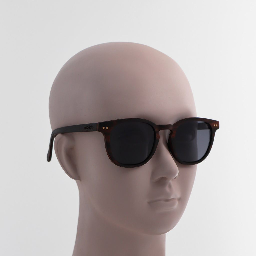 wooden sunglasses pantos style ebony wood smoke lenses on white female mannequin head eKodoKi COSMO