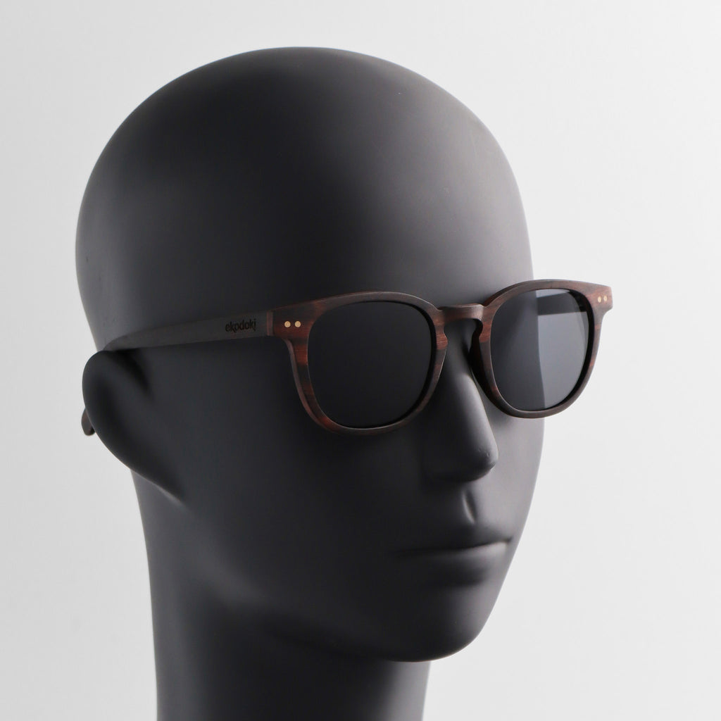wooden sunglasses pantos style ebony wood smoke lenses on black male mannequin head eKodoKi COSMO