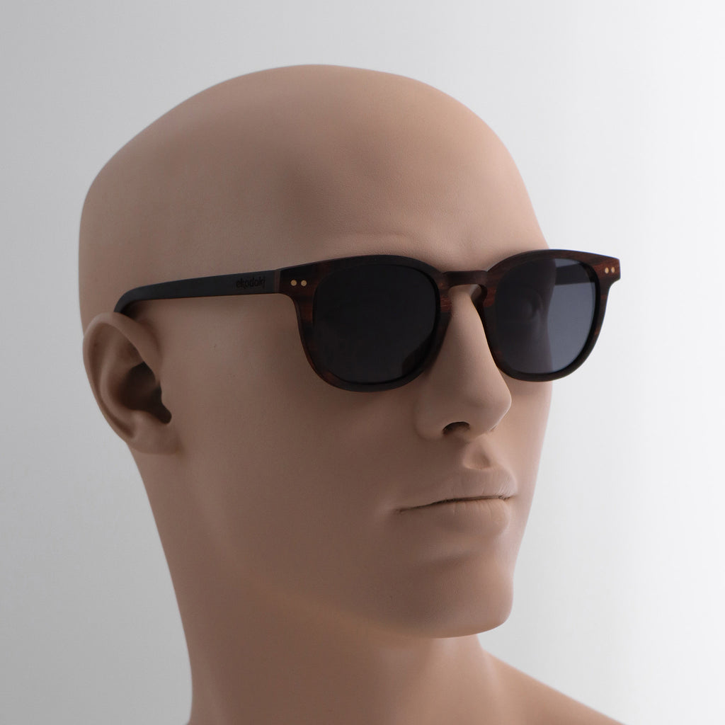 wooden sunglasses pantos style ebony wood smoke lenses on tan male mannequin head eKodoKi COSMO