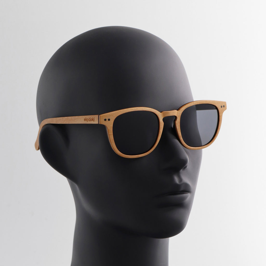wooden sunglasses pantos style maple wood smoke lenses on black female mannequin head eKodoKi COSMO