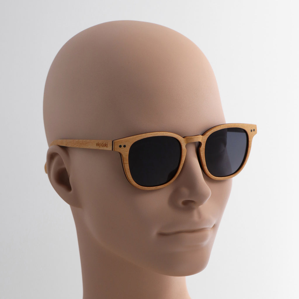wooden sunglasses pantos style maple wood smoke lenses on tan female mannequin head eKodoKi COSMO