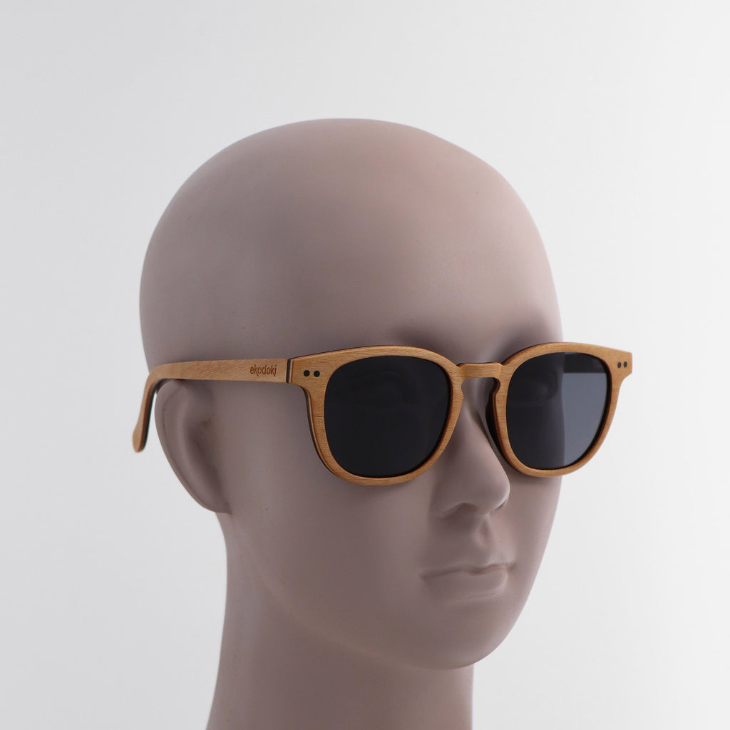 wooden sunglasses pantos style maple wood smoke lenses on white female mannequin head eKodoKi COSMO