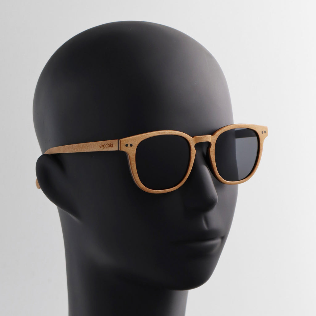 wooden sunglasses pantos style maple wood smoke lenses on black male mannequin head eKodoKi COSMO