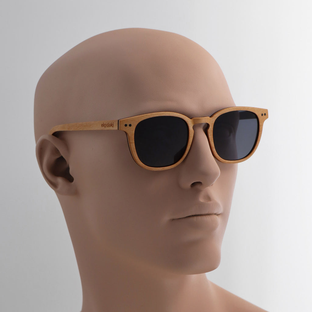 wooden sunglasses pantos style maple wood smoke lenses on tan male mannequin head eKodoKi COSMO
