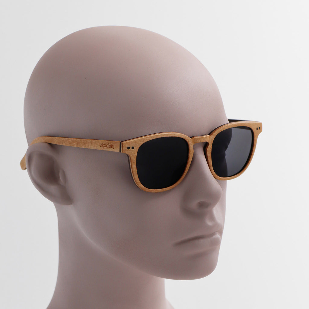 wooden sunglasses pantos style maple wood smoke lenses on white male mannequin head eKodoKi COSMO