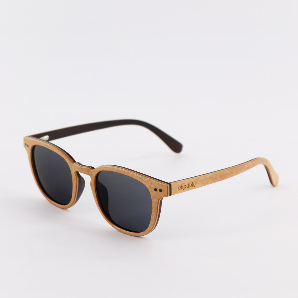 wooden sunglasses pantos style maple wood smoke lenses side view eKodoKi COSMO