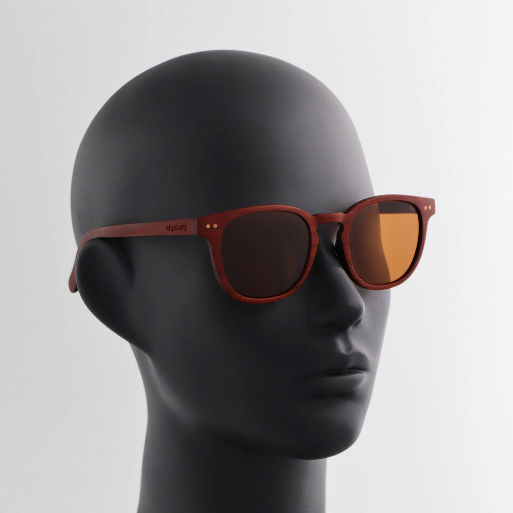 wooden sunglasses pantos style redwood wood brown lenses on black female mannequin head eKodoKi COSMO