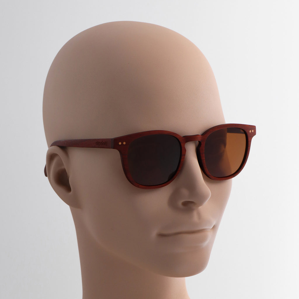 wooden sunglasses pantos style redwood wood brown lenses on tan female mannequin head eKodoKi COSMO