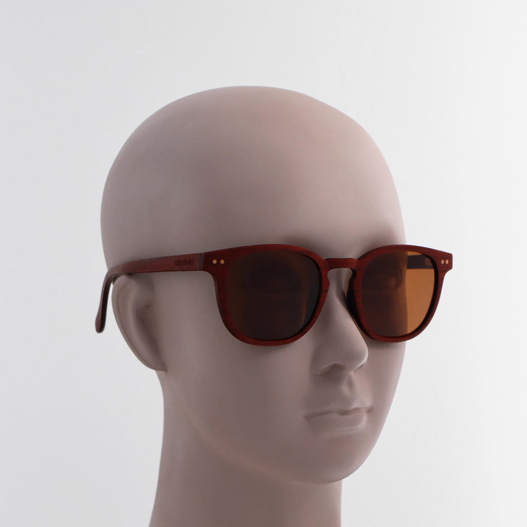 wooden sunglasses pantos style redwood wood brown lenses on white female mannequin head eKodoKi COSMO