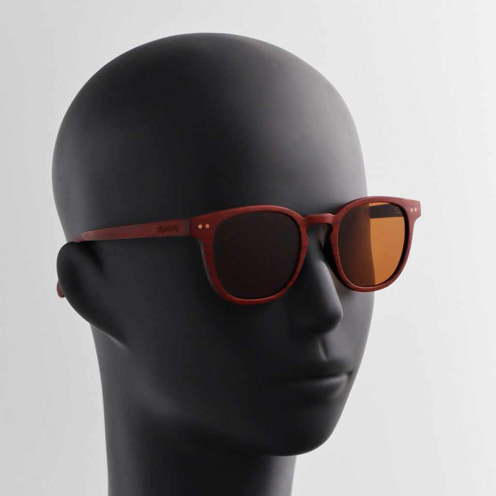 wooden sunglasses pantos style redwood wood brown lenses on black male mannequin head eKodoKi COSMO