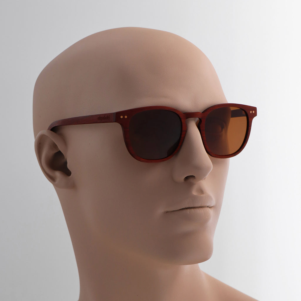 wooden sunglasses pantos style redwood wood brown lenses on tan male mannequin head eKodoKi COSMO