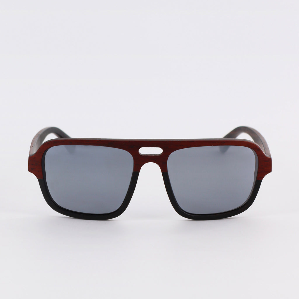 wooden sunglasses pilot style redwood and ebony wood silver mirror lenses front view eKodoKi DUDE