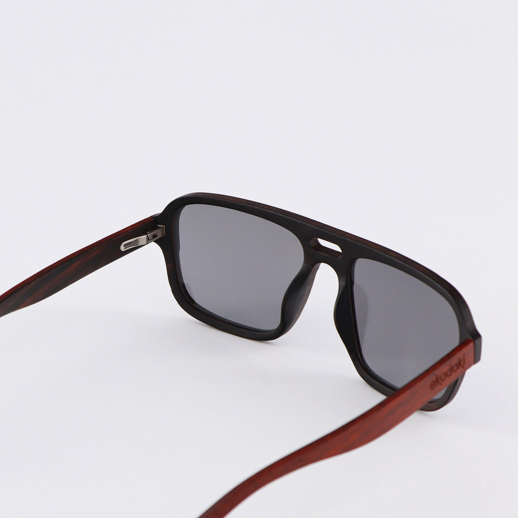 wooden sunglasses pilot style redwood and ebony wood silver mirror lenses inside view eKodoKi DUDE