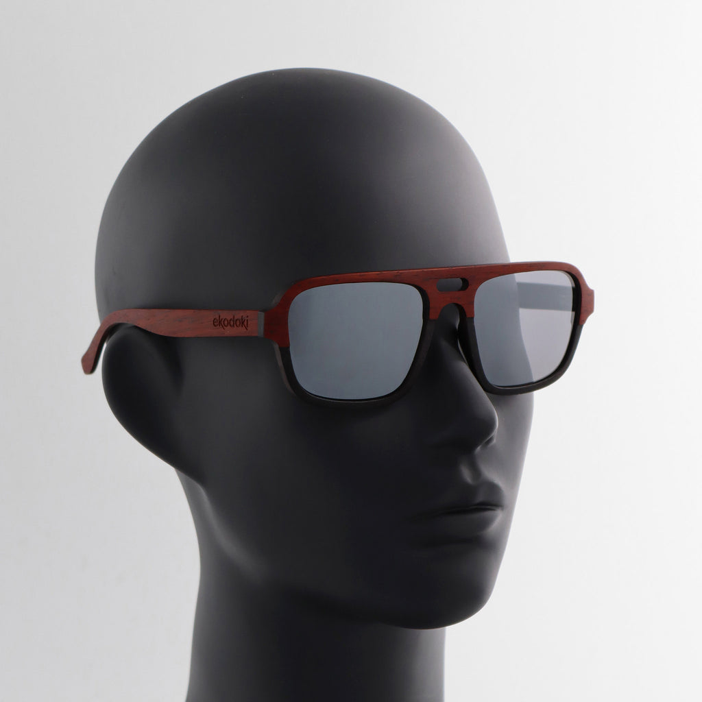 wooden sunglasses pilot style redwood and ebony wood silver mirror lenses on black female mannequin head eKodoKi DUDE