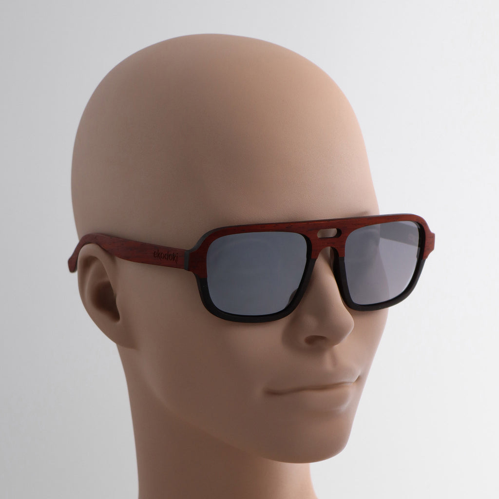wooden sunglasses pilot style redwood and ebony wood silver mirror lenses on tan female mannequin head eKodoKi DUDE