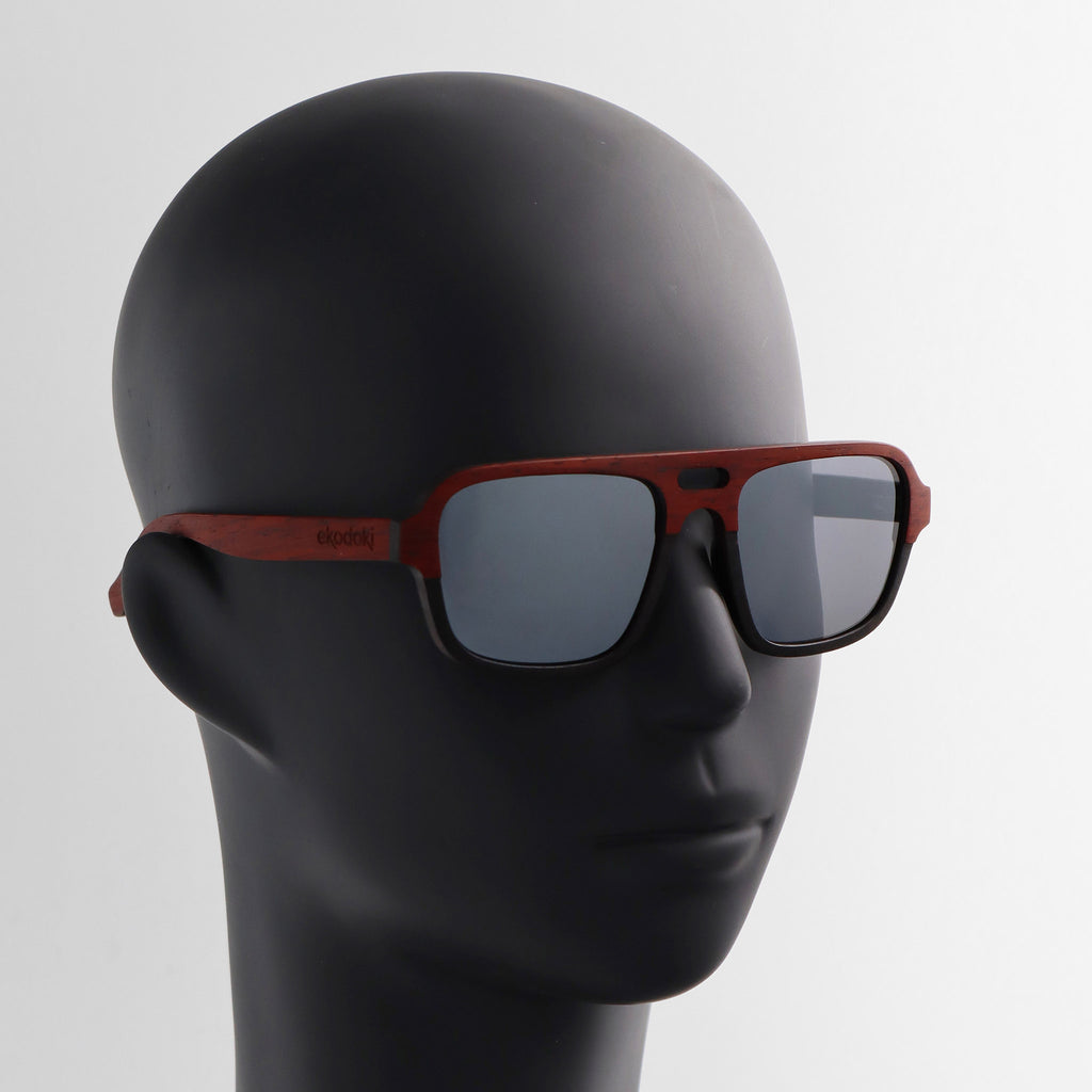 wooden sunglasses pilot style redwood and ebony wood silver mirror lenses on black male mannequin head eKodoKi DUDE