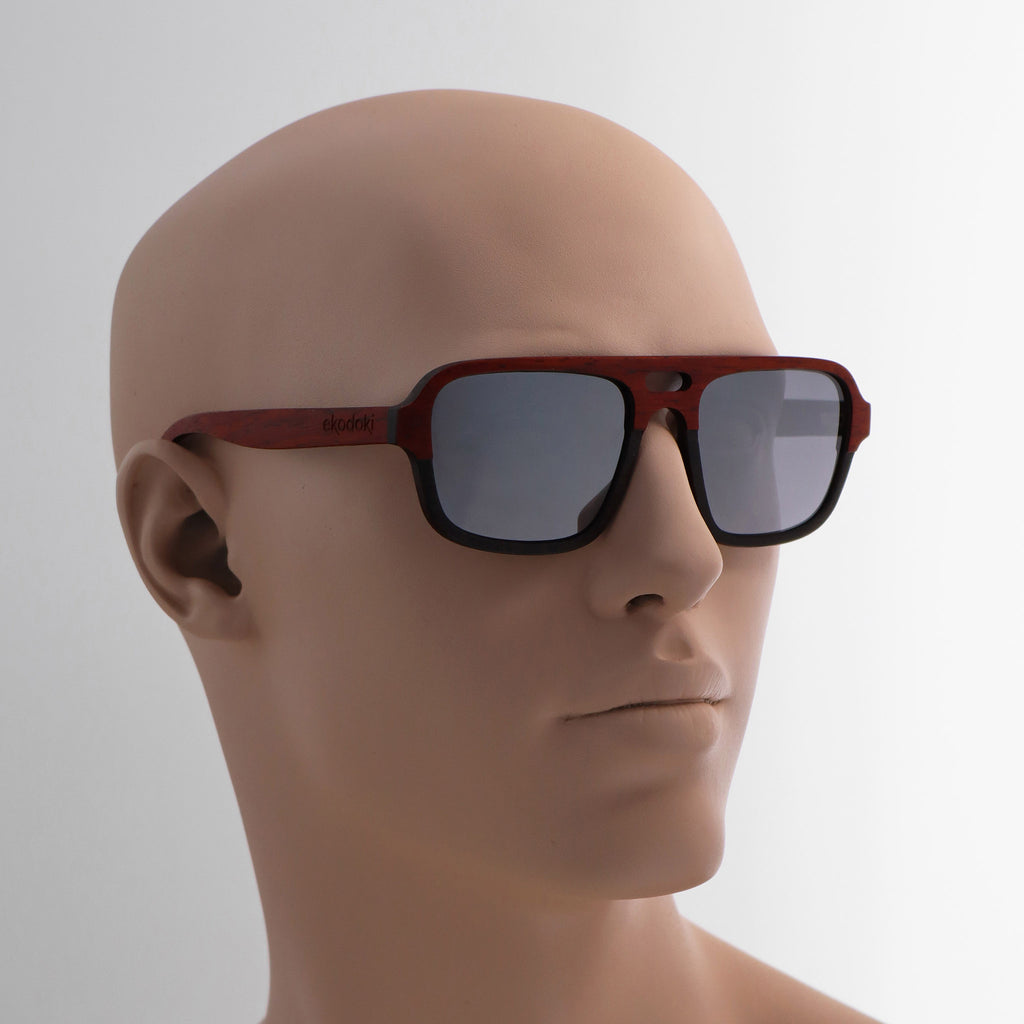 wooden sunglasses pilot style redwood and ebony wood silver mirror lenses on tan male mannequin head eKodoKi DUDE