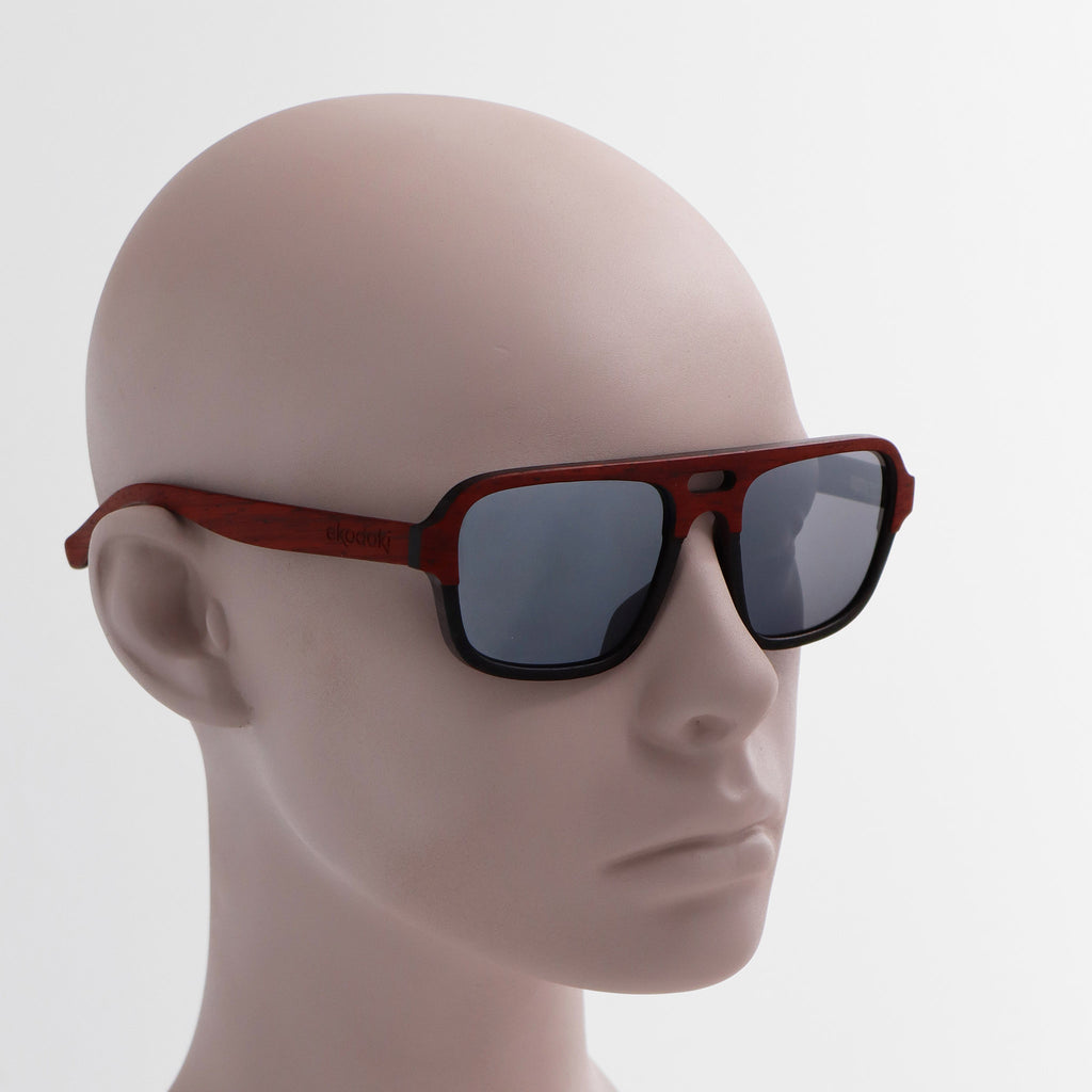 wooden sunglasses pilot style redwood and ebony wood silver mirror lenses on white male mannequin head eKodoKi DUDE