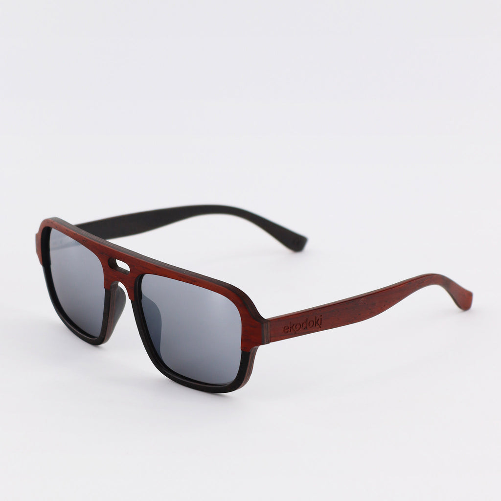 wooden sunglasses pilot style redwood and ebony wood silver mirror lenses side view eKodoKi DUDE