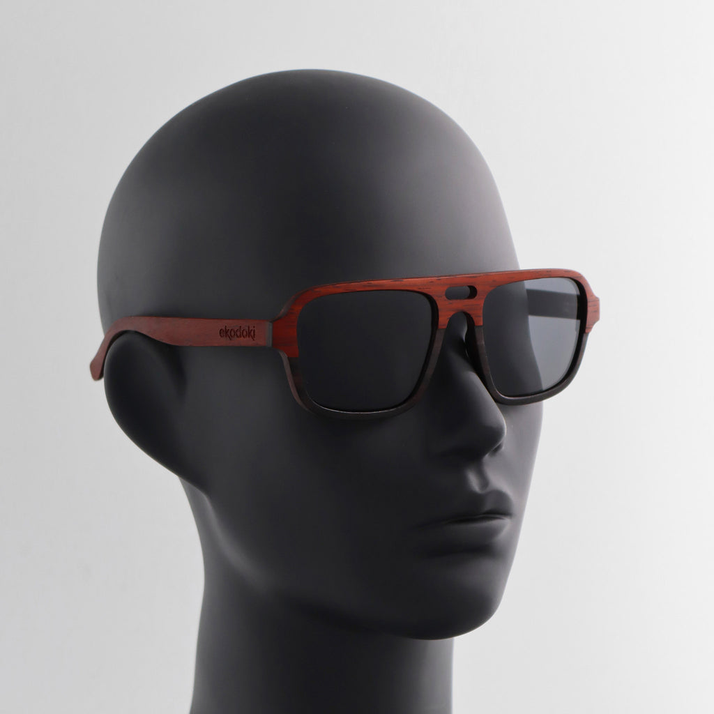 wooden sunglasses pilot style redwood and ebony wood smoke lenses on black female mannequin head eKodoKi DUDE