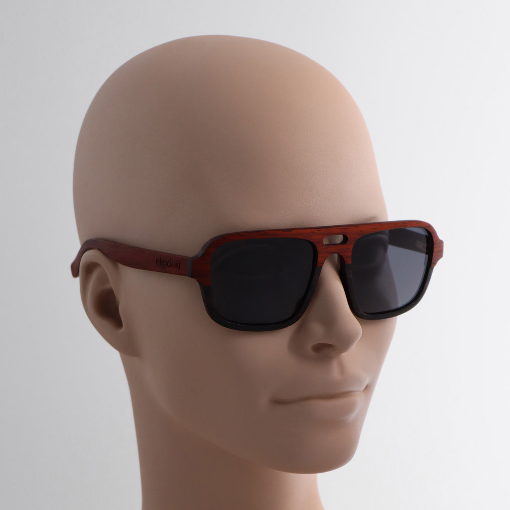 wooden sunglasses pilot style redwood and ebony wood smoke lenses on tan female mannequin head eKodoKi DUDE
