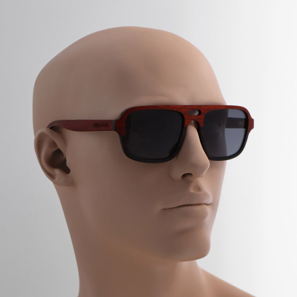 wooden sunglasses pilot style redwood and ebony wood smoke lenses on tan male mannequin head eKodoKi DUDE