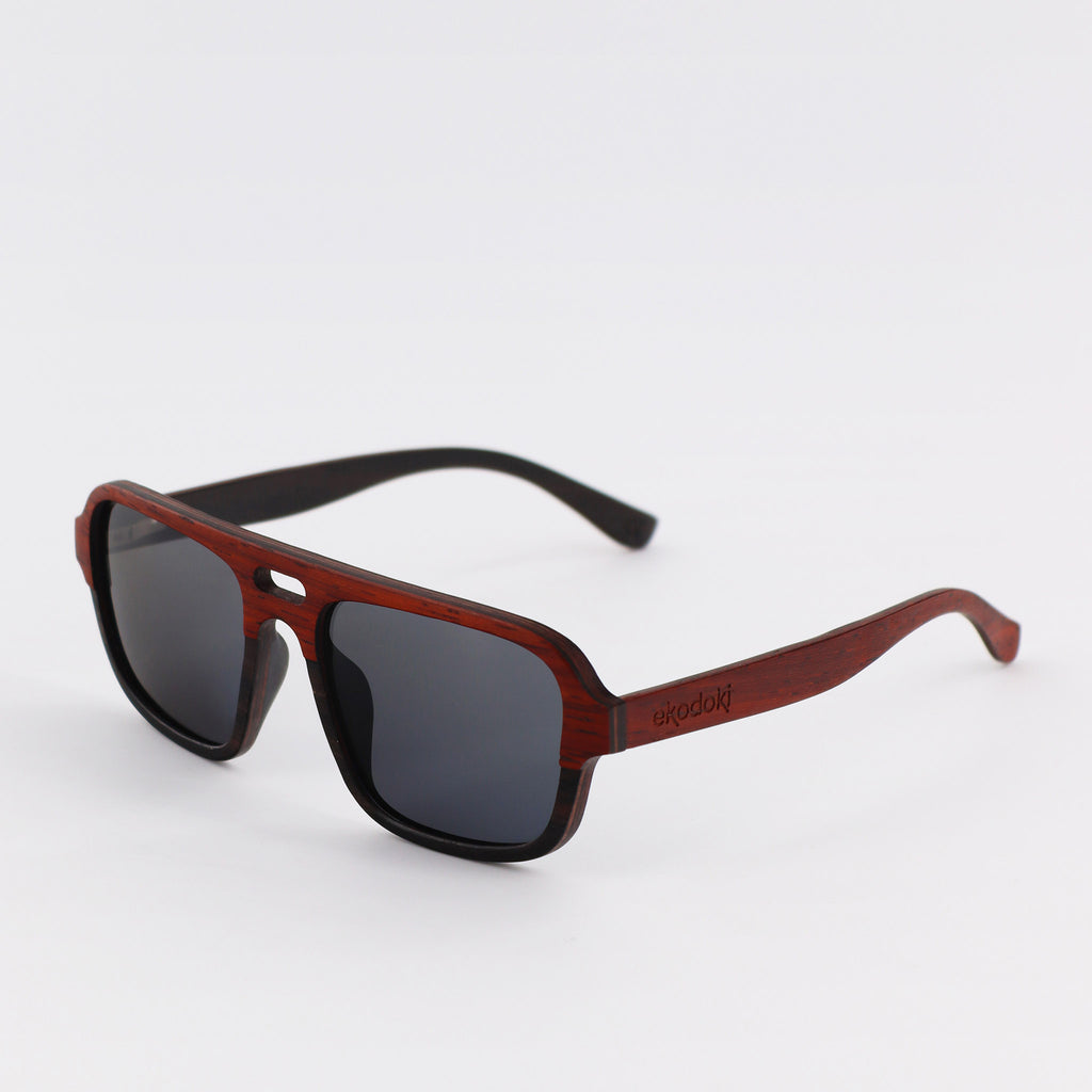 wooden sunglasses pilot style redwood and ebony wood smoke lenses side view eKodoKi DUDE