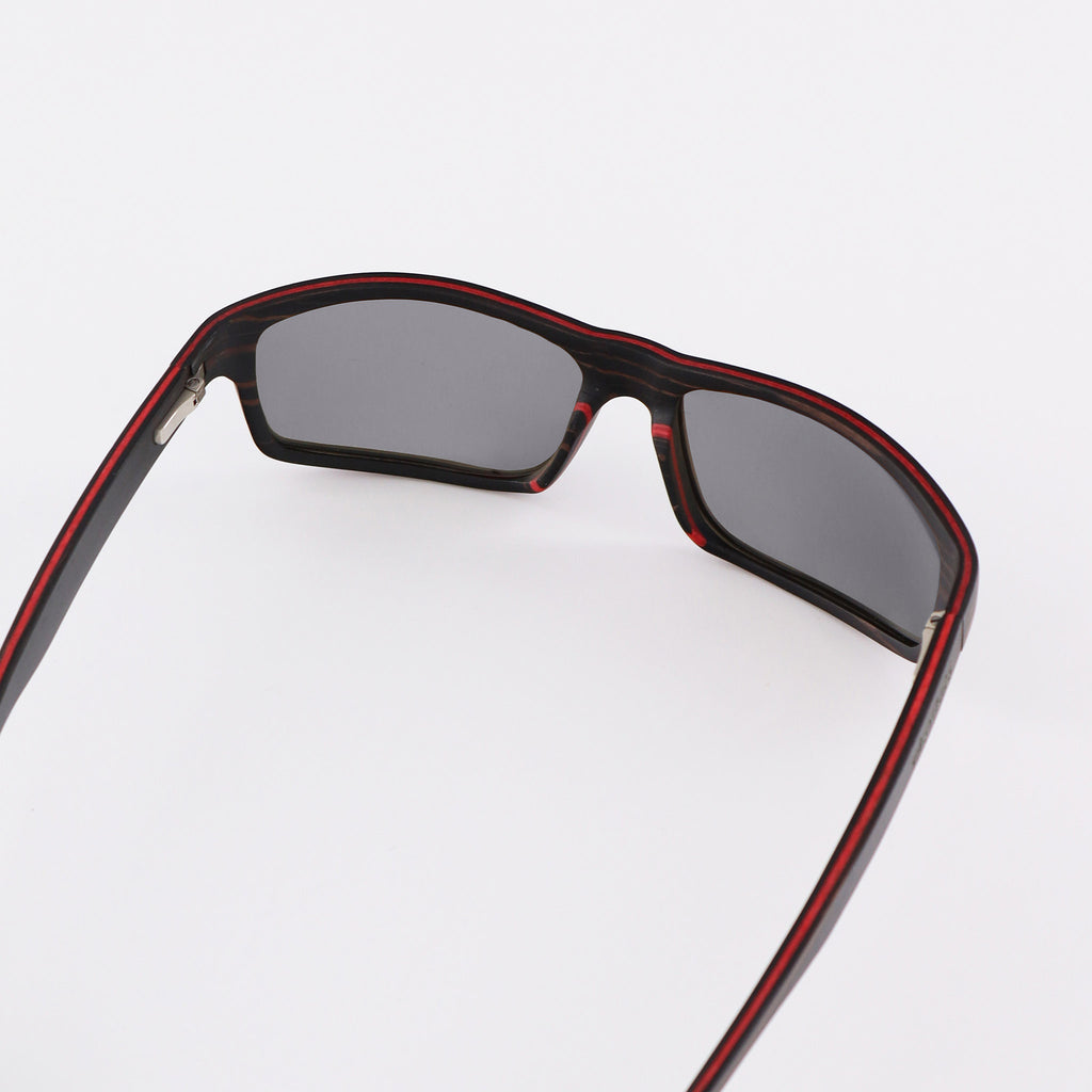 wooden sunglasses rectangle style ebony wood silver mirror lenses inside view eKodoKi RIDER