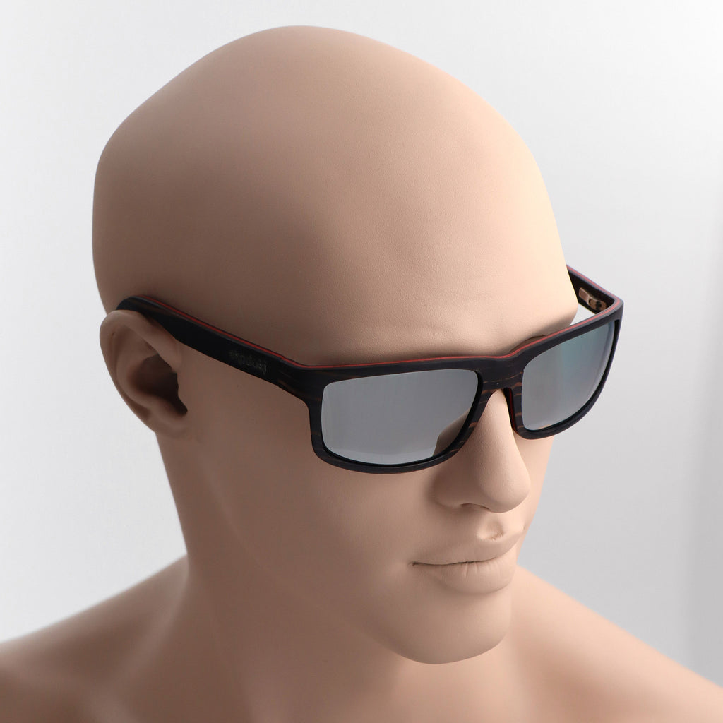 wooden sunglasses rectangle style ebony wood silver mirror lenses on tan male mannequin head eKodoKi RIDER