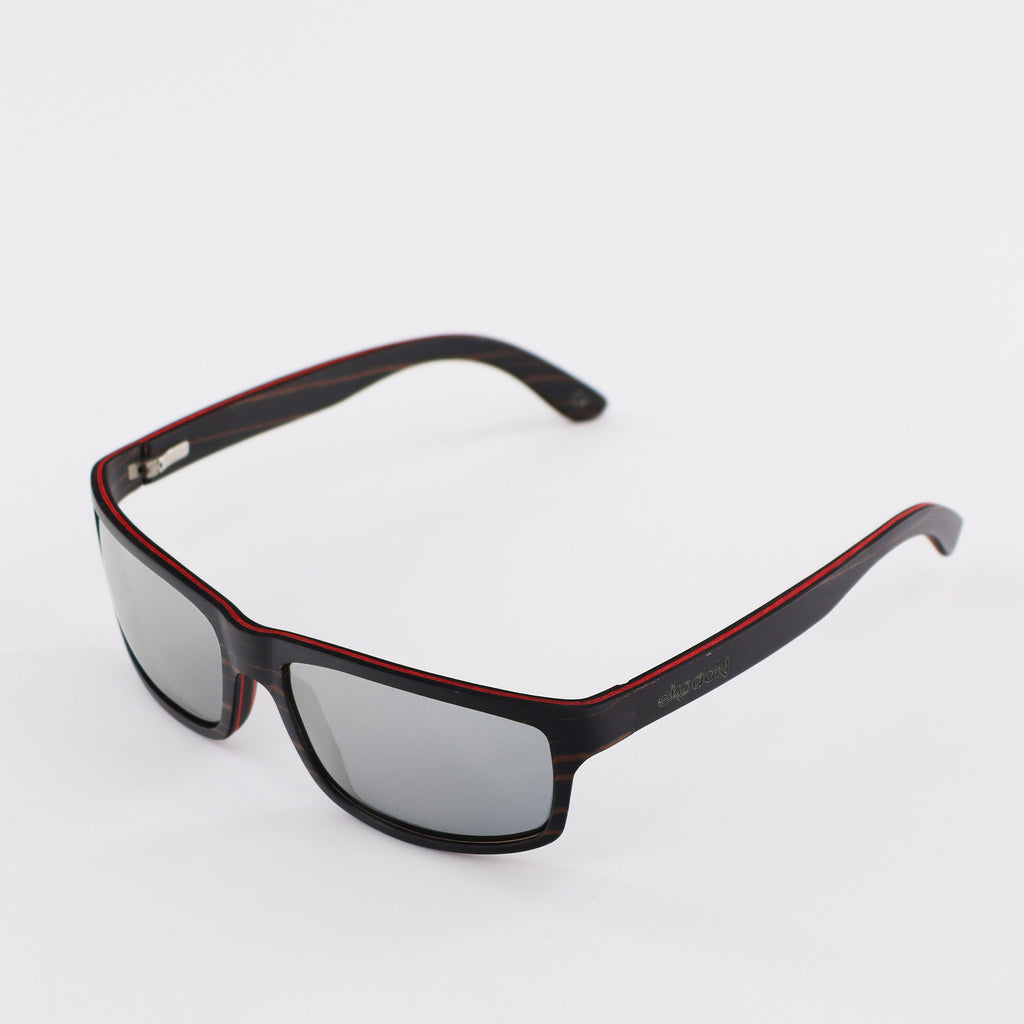 wooden sunglasses rectangle style ebony wood silver mirror lenses side view eKodoKi RIDER
